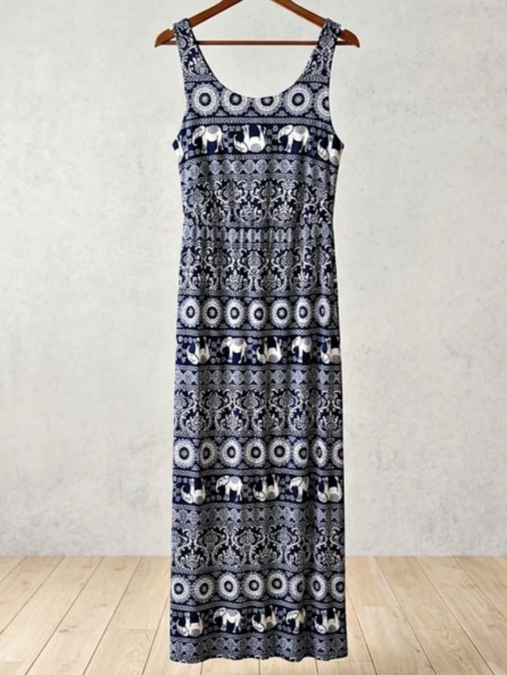Women's Blue & White Geometric Maxi Dress
